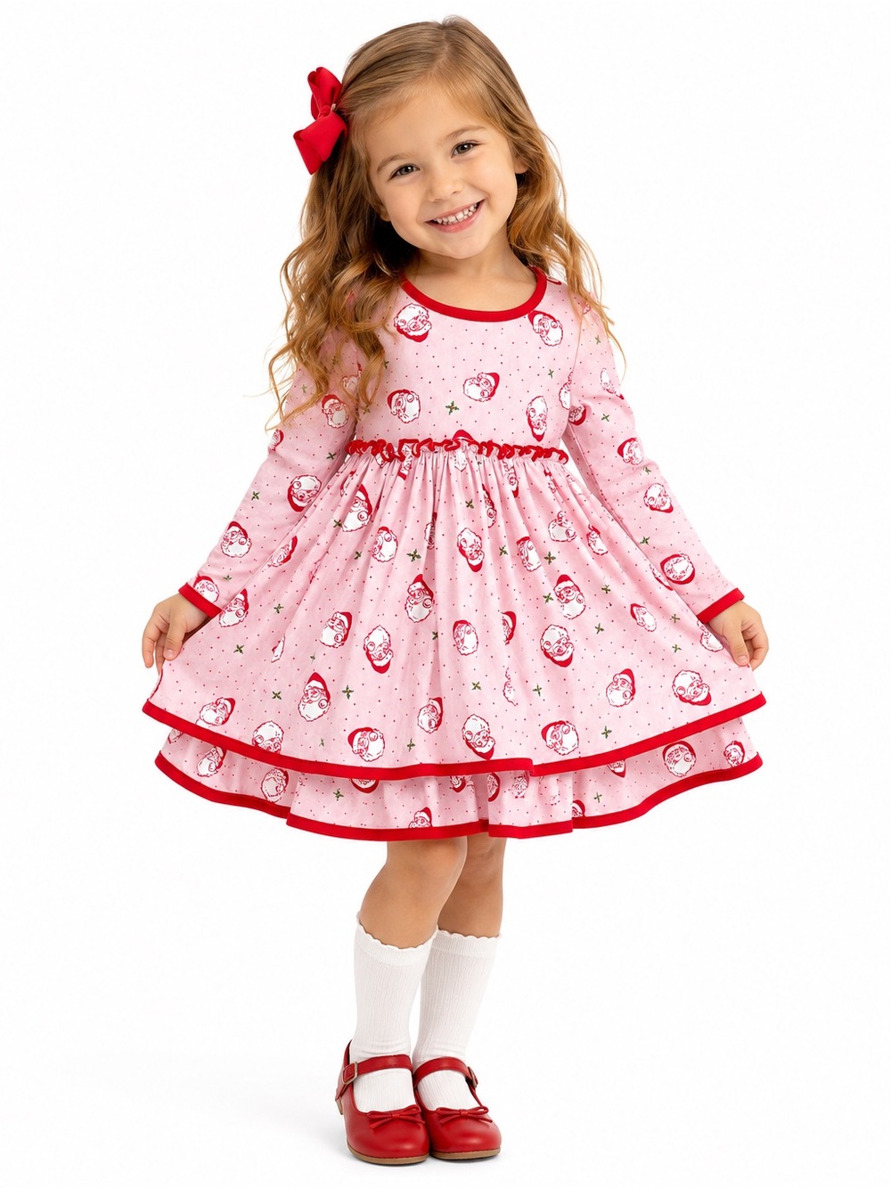 Serendipity Pink Santa Print Holiday twirl Dress for Kids